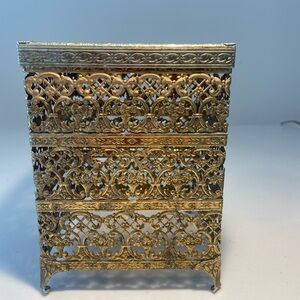 Vintage Ornate Filigree Metal Jewelry Box - Gold Tone